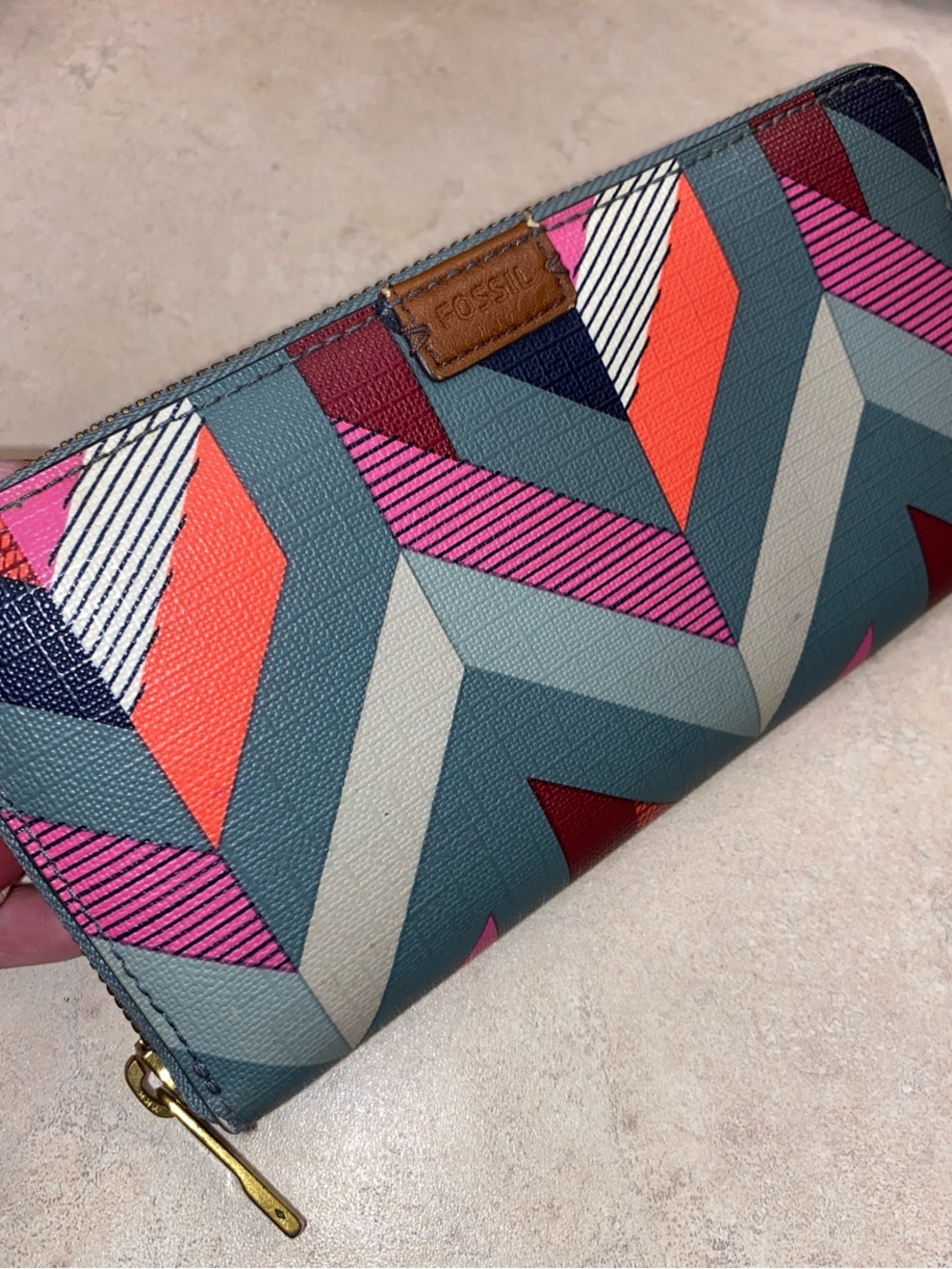 Fossil Chevron Zip Wallet in Teal, Coral, Pink & Navy